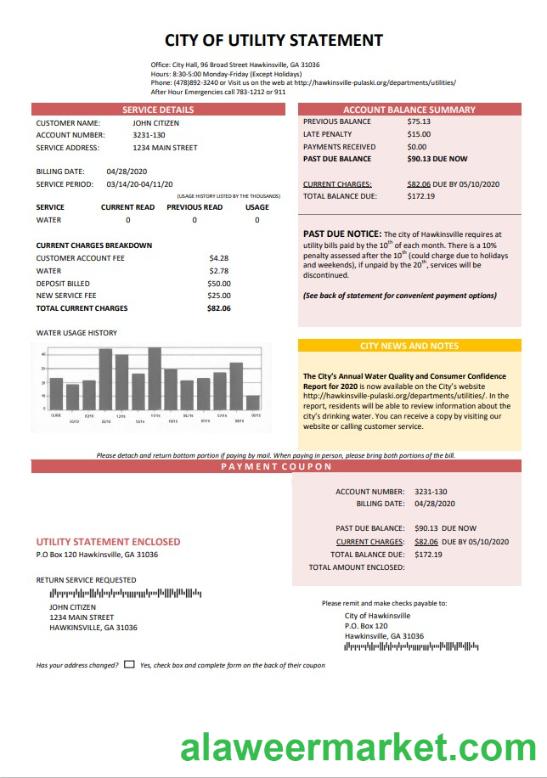 USA City of Utility Statement water utility bill template in Word and PDF format